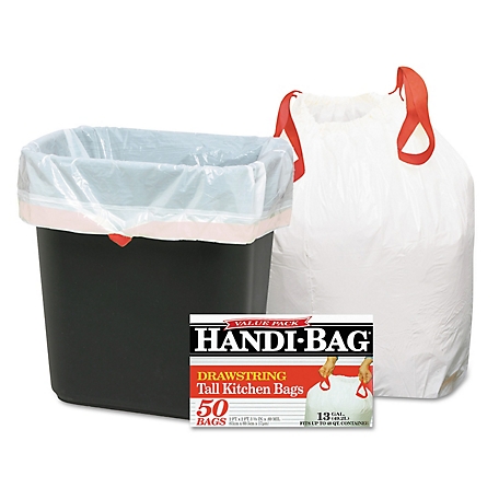 Handi-Bag 13 gal. Drawstring Kitchen Bags, 0.6 mil, 24 in. x 27.38 in., White, 50/Box