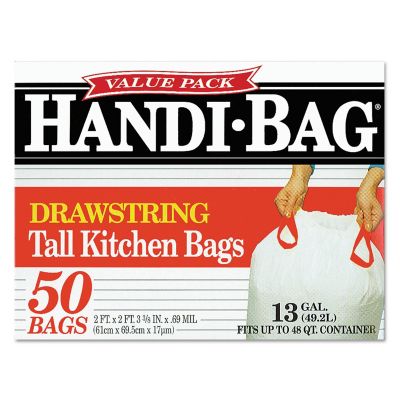 Image showing  13 gal. Drawstring Kitchen Bags, 0.6 mil, 24 in. x 27.38 in., White, 50 ct.