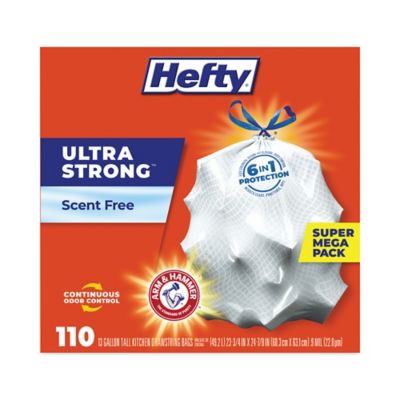 HEFTY 13 gal. Ultra Strong Tall Kitchen and Trash Bags, 0.9 mil, 23.75 in. x 24.88 in., White, 110/Box