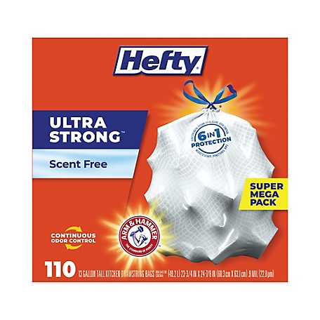HEFTY 13 gal. Ultra Strong Tall Kitchen and Trash Bags, 0.9 mil, 23.75 in.  x 24.88 in., White, 110/Box at Tractor Supply Co.