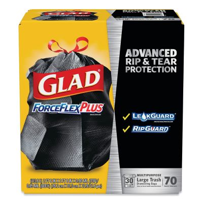 Glad 30 gal. Forceflexplus Drawstring Large Trash Bags, 1.05 mil, 30 in. x 32 in., Black, 70 ct.