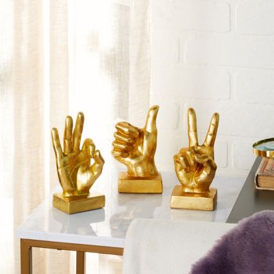 Image showing  Large Metallic Hand Sculpture Table Decor Statues with Thumbs Up, Peace Sign and Ok Gestures, Gold