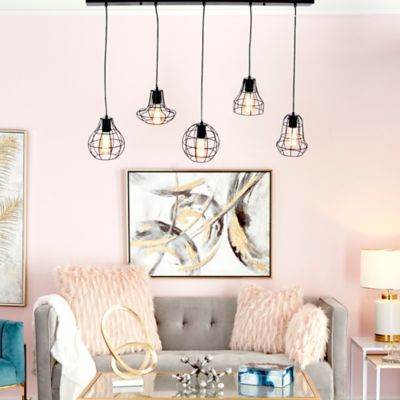 Cosmoliving By Cosmopolitan Large Industrial Style Staggered Pendant Lighting, 5 Black Caged Edison Bulbs, 42 X 52In.