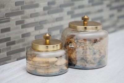 Cosmoliving by Cosmopolitan Small Round Decorative Gold Smoked Glass Jars with Bronze Metal Lids, 2 pc.