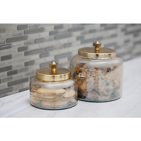 Cosmoliving by Cosmopolitan Small Round Decorative Gold Smoked Glass Jars with Bronze Metal Lids, 2 pc.
