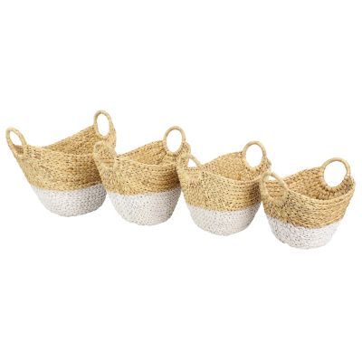 Image showing  Large Oval Natural/White Dip-Dyed Water Hyacinth Wicker Storage Baskets, Round Handles, 4 pc.