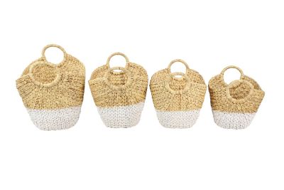 Image showing 8 th Cosmoliving by Cosmopolitan Large Oval Natural/White Dip-Dyed Water Hyacinth Wicker Storage Baskets, Round Handles, 4 pc.