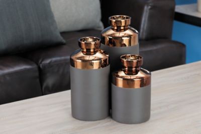 Cosmoliving by Cosmopolitan 3 pc. Tall Cylinder Metallic Copper and Matte Gray Decorative Vases
