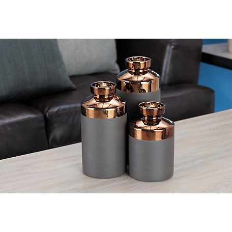 Cosmoliving by Cosmopolitan 3 pc. Tall Cylinder Metallic Copper and Matte Gray Decorative Vases