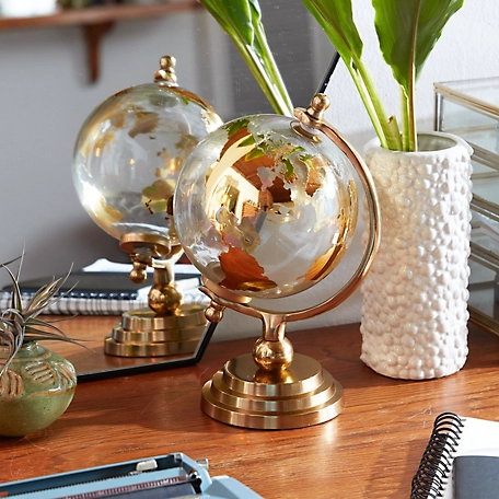 Cosmoliving by Cosmopolitan Small Gold Metal and Glass Globe with Topographical Map, 6 in. x 11 in.