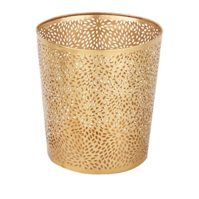 Image showing  Gold Metal Small Waste Bin with Laser Carved Floral Design 9" x 9" x 10"