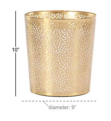 Image showing 6 th Cosmoliving by Cosmopolitan Gold Metal Small Waste Bin with Laser Carved Floral Design 9" x 9" x 10"