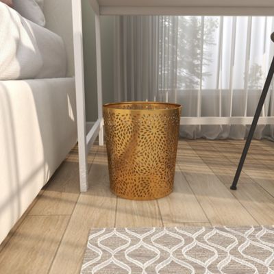 Image showing 7 th Cosmoliving by Cosmopolitan Gold Metal Small Waste Bin with Laser Carved Floral Design 9" x 9" x 10"