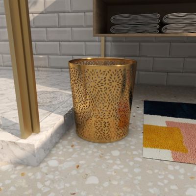 Image showing 8 th Cosmoliving by Cosmopolitan Gold Metal Small Waste Bin with Laser Carved Floral Design 9" x 9" x 10"