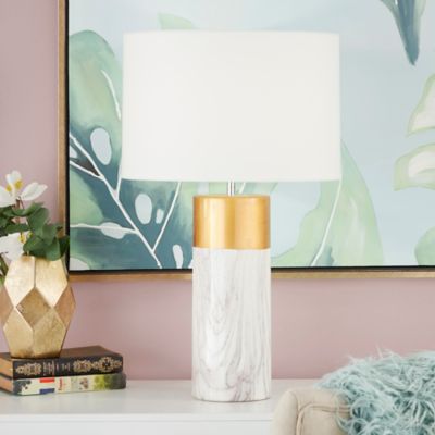 Cosmoliving by Cosmopolitan White Ceramic Faux Marble Table Lamp with Gold Accent 15" x 15" x 25"