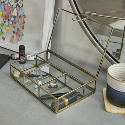 Cosmoliving by Cosmopolitan Gold Glass Jewelry Box with Clear Glass, 9 in. x 6 in. x 2 in.