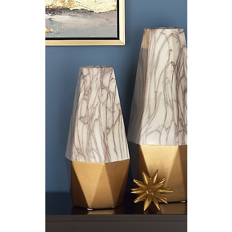 Cosmoliving by Cosmopolitan Large Contemporary Style Gray Marble and Gold Ceramic Vase with Geometric Silhouette, 6 in. x 14 in.
