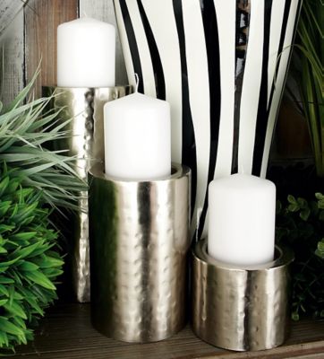 Cosmoliving by Cosmopolitan Silver Metal Handmade Pillar Candle Holder, 11 in., 7 in., 4 in., 3 pc., 34569