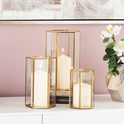 Cosmoliving by Cosmopolitan Hexagon Hurricane Candle Holders, Glass, 6 in., 8 in., 10 in., Gold, 3 pc., 57378