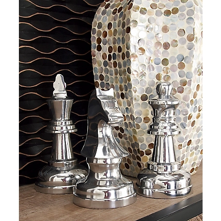 Cosmoliving by Cosmopolitan 3 pc. Chess Decor, Table Display, 4 in. x 9 in., Silver