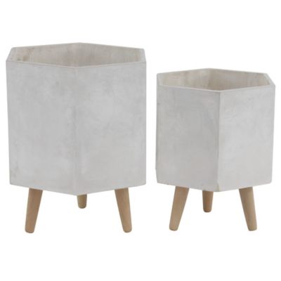 Image showing  White Magnesium Oxide Indoor Outdoor Planter with Wood Legs Set of 2 15 in., 17 in. H