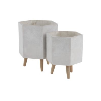 Image showing  White Magnesium Oxide Indoor Outdoor Planter with Wood Legs Set of 2 15 in., 17 in. H