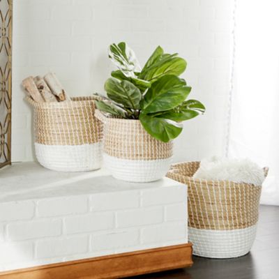 Image showing  Large Round Natural/White Dip-Dyed Seagrass Baskets with Handles and White Cording, 3 pc.