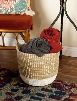 Image showing  Large Round Natural/White Dip-Dyed Seagrass Baskets with Handles and White Cording, 3 pc.