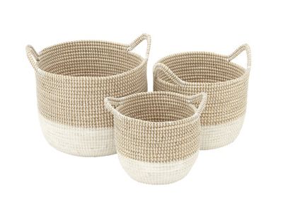 Image showing  Large Round Natural/White Dip-Dyed Seagrass Baskets with Handles and White Cording, 3 pc.