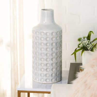 Cosmoliving by Cosmopolitan Round Ceramic Floor Vase with French Country Rosette Relief Design, 8 ft. x 18 ft., Blue/White