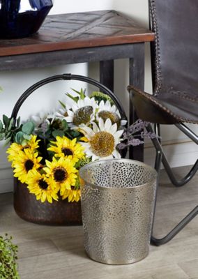 Cosmoliving by Cosmopolitan Small Round Glam Style Metallic Silver Pierced Metal Waste Basket with Chrysanthemum Pattern