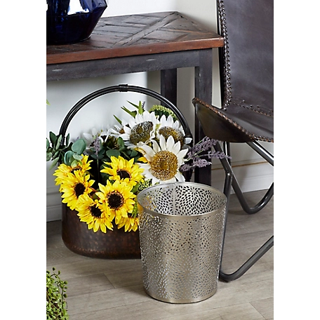 Cosmoliving by Cosmopolitan Small Round Glam Style Metallic Silver Pierced Metal Waste Basket with Chrysanthemum Pattern
