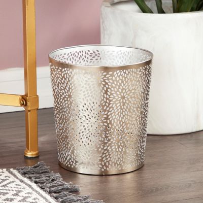 Image showing  Small Round Glam Style Metallic Silver Pierced Metal Waste Basket with Chrysanthemum Pattern