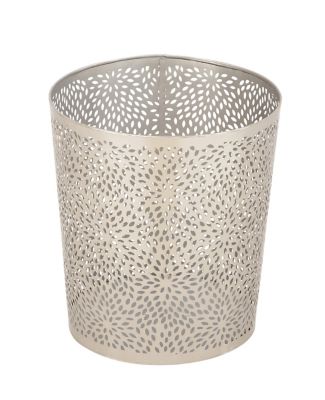 Image showing  Small Round Glam Style Metallic Silver Pierced Metal Waste Basket with Chrysanthemum Pattern