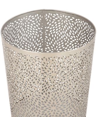 Image showing  Small Round Glam Style Metallic Silver Pierced Metal Waste Basket with Chrysanthemum Pattern