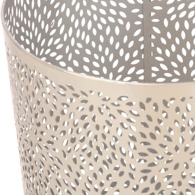 Image showing  Small Round Glam Style Metallic Silver Pierced Metal Waste Basket with Chrysanthemum Pattern