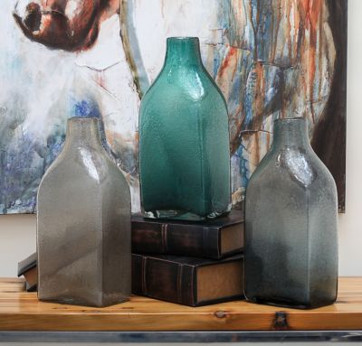 Cosmoliving by Cosmopolitan 3 pc. Coastal Style Large Gray Beige and Green Glass Bottle Vases Table Decor