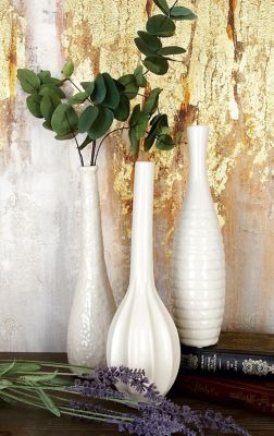 Cosmoliving by Cosmopolitan 3 pc. White Ceramic Slim Textured Bottleneck Vase Set, 3 in. W, 12 in. H