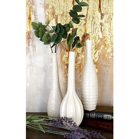Cosmoliving by Cosmopolitan 3 pc. White Ceramic Slim Textured Bottleneck Vase Set, 3 in. W, 12 in. H