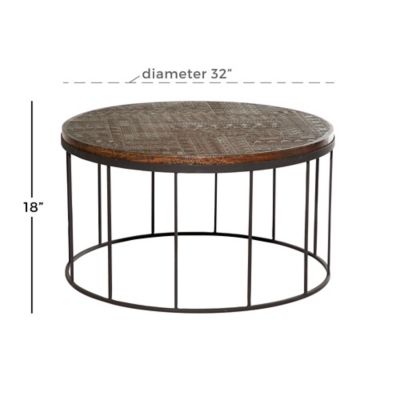 Venus Williams Large Decorative Carved, Burnham Reclaimed Wood And Iron Round Coffee Tables