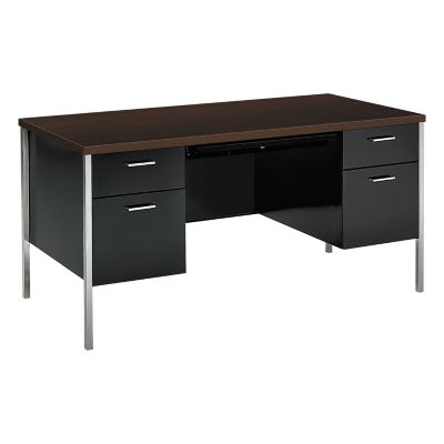 HON 34000 Series Double Pedestal Desk, Wood Grain Laminate Top, Polished Chrome Legs