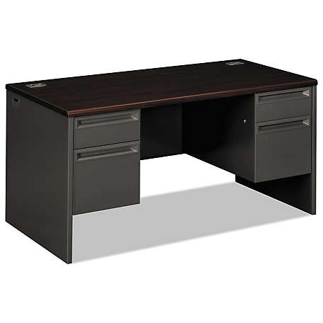 HON 38000 Series Double Pedestal Desk, Mahogany/Charcoal, 30 in. D x 60 in. W x 29.5 in. H, 217 lb.