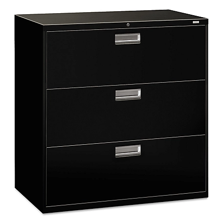 HON 600 Series 3-Drawer Lateral File Cabinet, Black, 18 in. D x 42 in. W x 39.125 in. H, 190 lb.