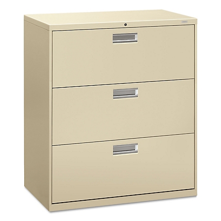 HON 600 Series 3-Drawer Lateral File Cabinet, Black, 18 in. D x 36 in. W x 39.125 in. H, 175 lb.