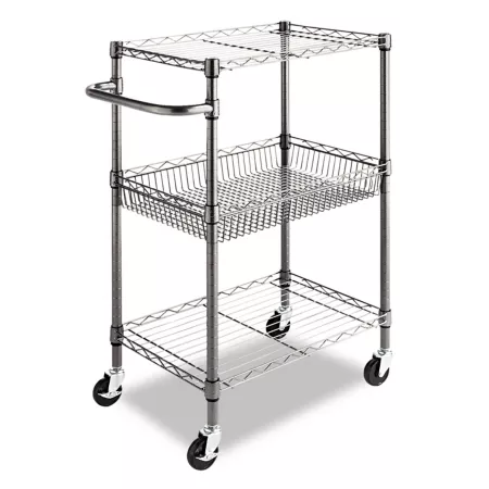 Alera Three-Tier Metal Cart with Basket 28-in x 16-in x 39-in Charcoal Black Utility Carts