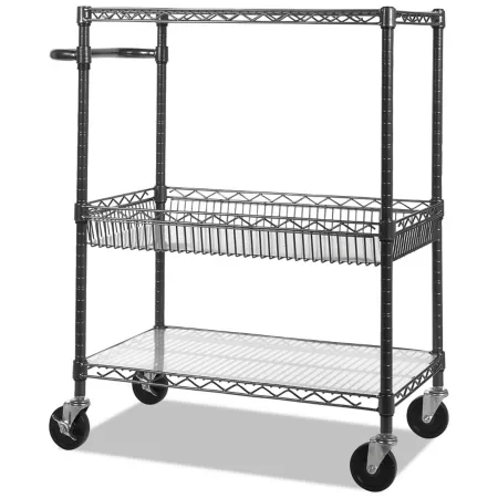 Alera Three-Tier Metal Cart with Basket 34-in x 18-in x 40-in Charcoal Black Utility Carts