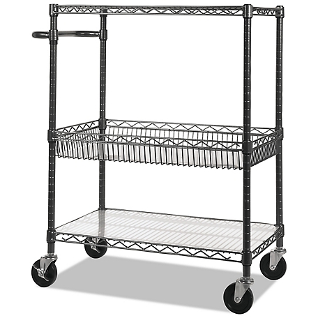 Alera Three-Tier Wire Cart with Basket, 34 in. x 18 in. x 40 in., Black Anthracite