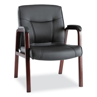 Alera Madaris Series Leather Guest Chair With Wood Trim Legs, Black, Padded Armrests