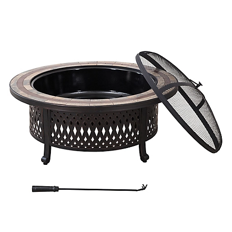 Sunjoy 40 in. Outdoor Round Wood-Burning Fire Pit with Steel Mesh Spark Screen