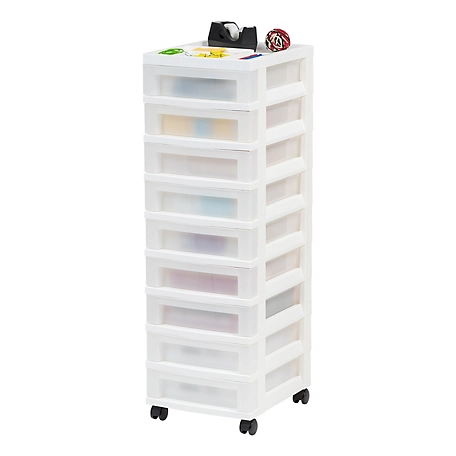 IRIS USA 9-Drawer Storage Cart with Organizer Top, White/Pearl